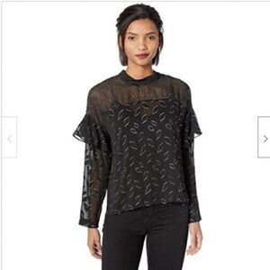 BCBGMAXAZRIA Blouse Womens XXS Black High-Low Sheer Chiffon Metallic Shirt